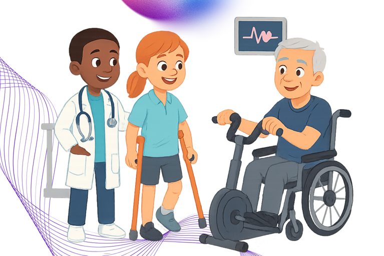 Ein Arzt bereit eine Patientin auf Krücken und einen älteren Patienten im Rollstuhl