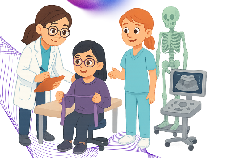 Ärztin und Pflegerin erklären Schülerin wie ein Ultraschall funktioniert